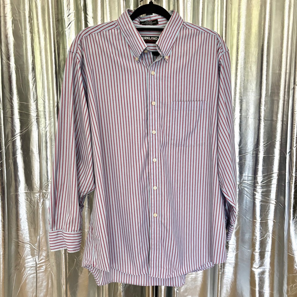 Kirkland Signature Blue & Cherry Red Striped Dress Shirt
